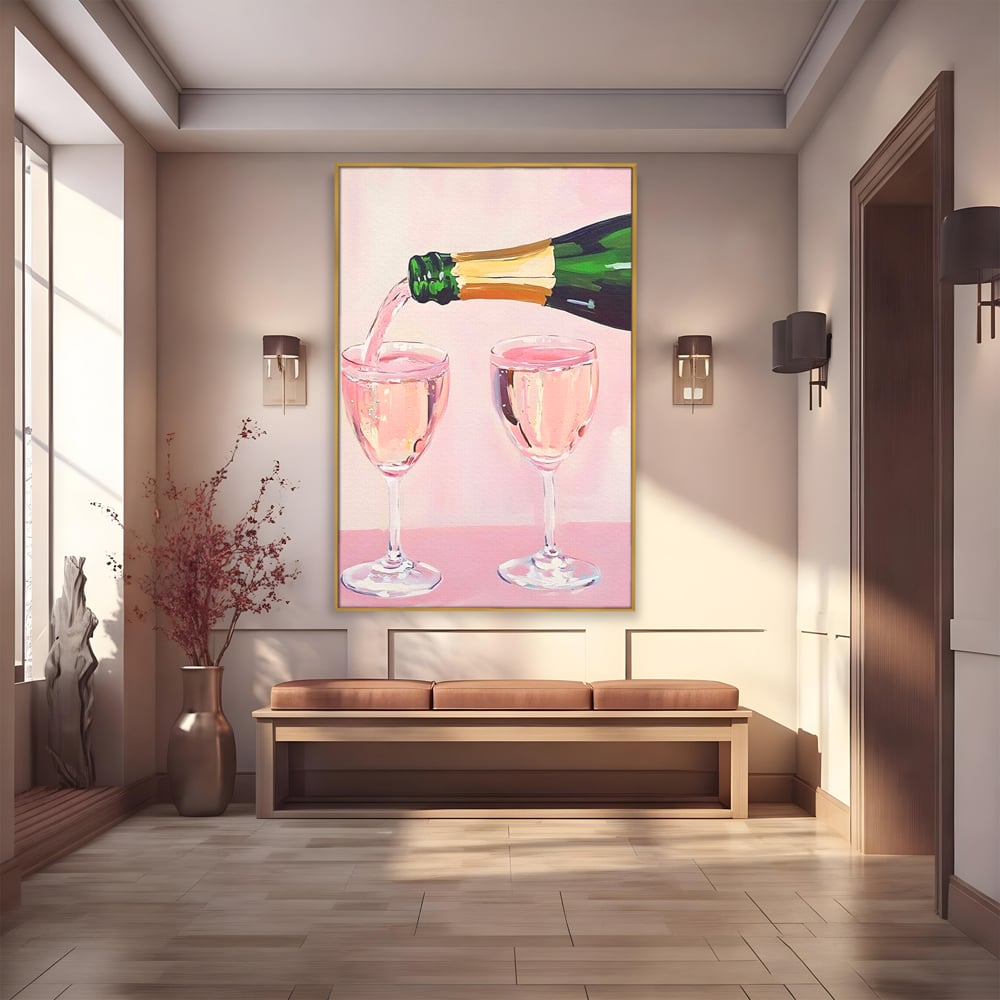 Tablou canvas cu pictura cu sticla si pahare de sampanie roz, in rama de aluminiu auriu